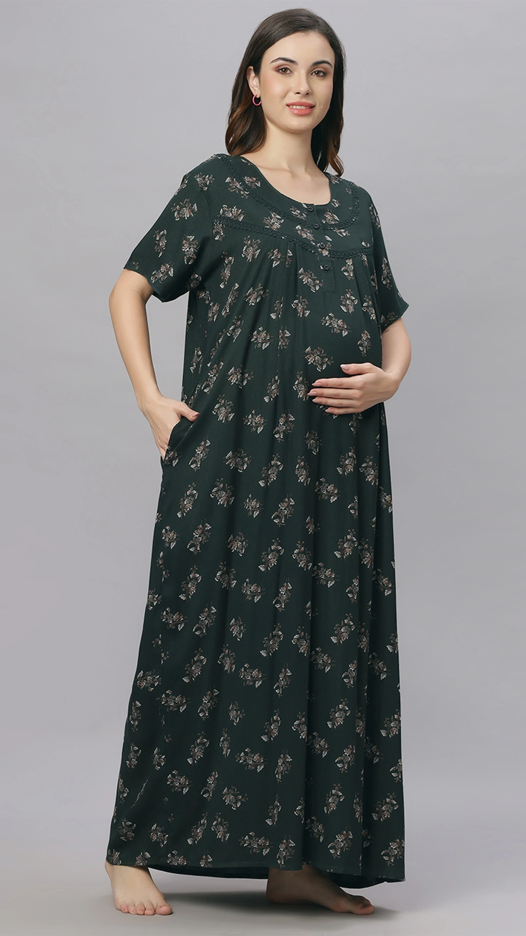 Sukanya Comfortable Women's Full Length Cotton Blend Half Sleeves Nighty, Wine, Green & Blue Soft and Elegant Print Sleepwear