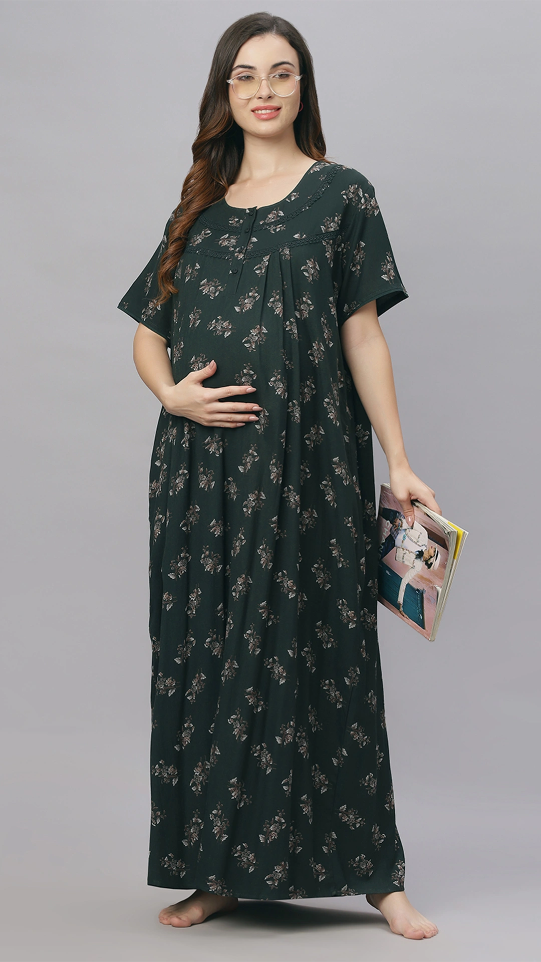 Sukanya Comfortable Women's Full Length Cotton Blend Half Sleeves Nighty, Wine, Green & Blue Soft and Elegant Print Sleepwear