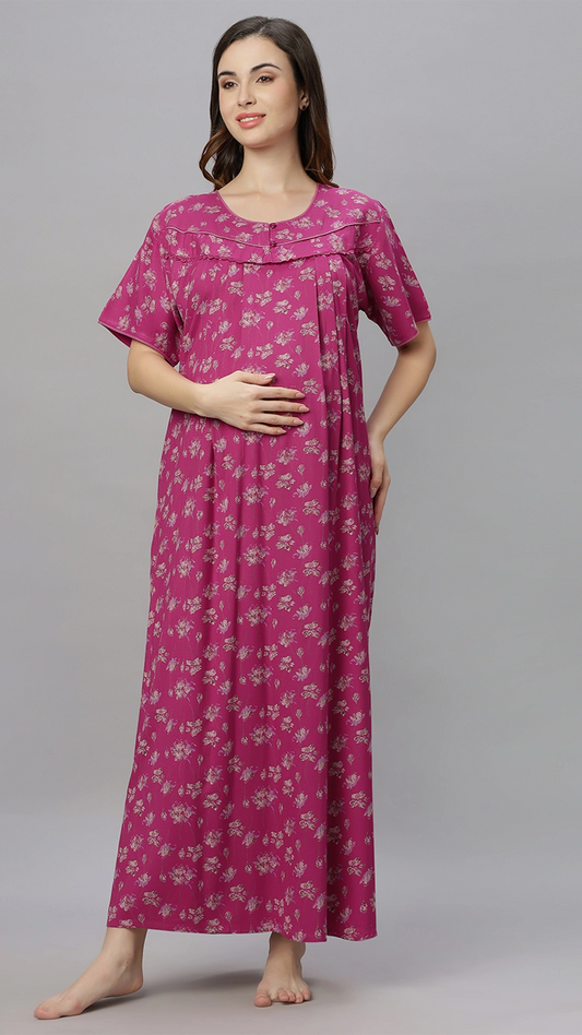 Sukanya Comfortable Women's Full Length Cotton Blend Half Sleeves Nighty, Rama, Rani & Tommato Soft and Elegant Print Sleepwear