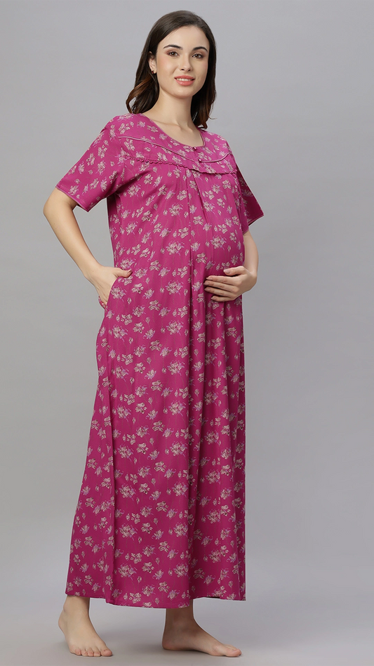 Sukanya Comfortable Women's Full Length Cotton Blend Half Sleeves Nighty, Rama, Rani & Tommato Soft and Elegant Print Sleepwear