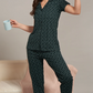 Sukanya  Women's Printed Sinker Nightsuit Set , Frount Open Lounge Wear Nightdress Pyjama Set Sleepwear , Green Printed Half Sleeves Round Neck