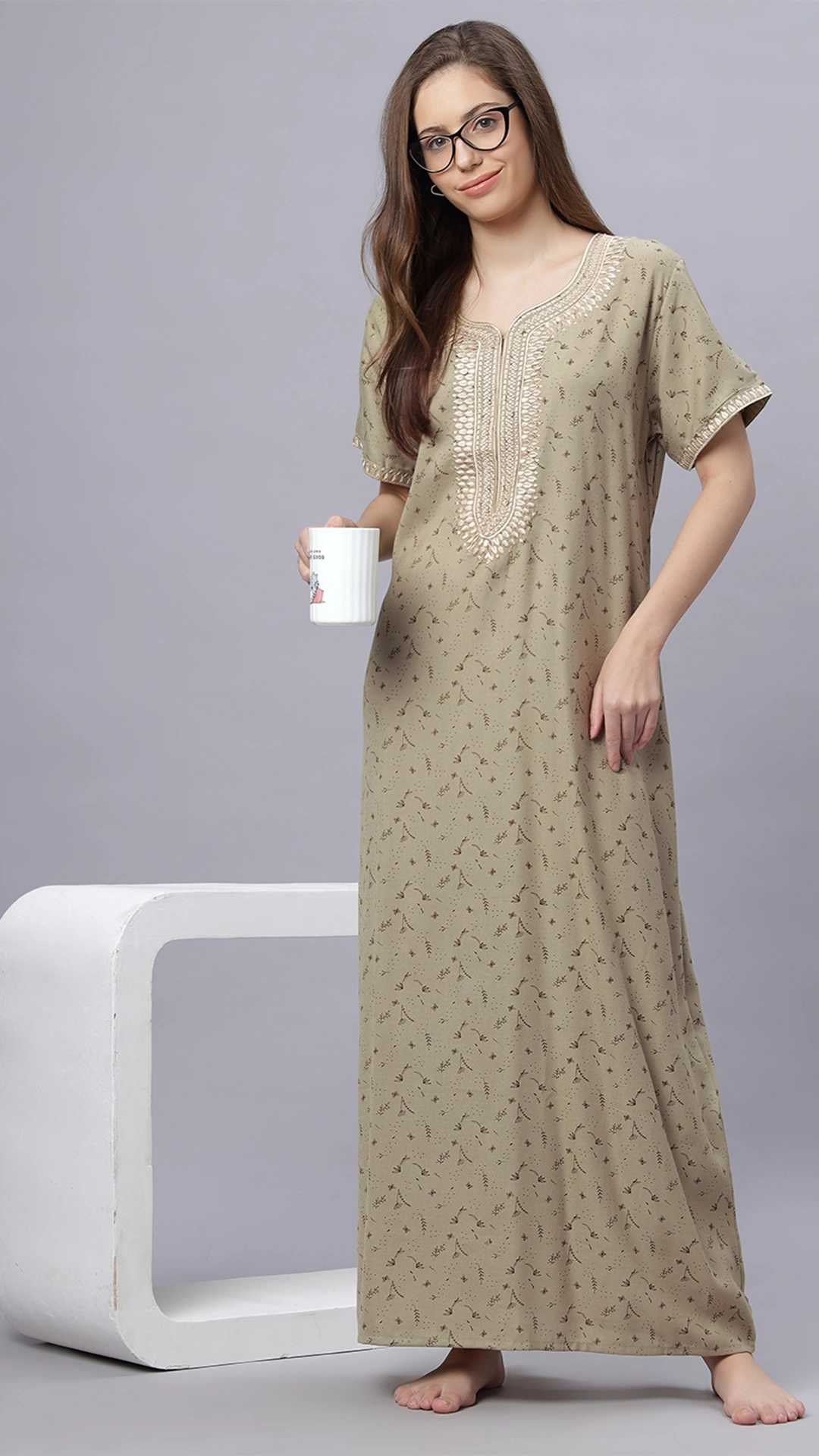 Sukanya Comfortable Women's Full Length Cotton Blend Half Sleeves Nighty, Rust, Chatni & Gray, Soft and Elegant Print Sleepwear