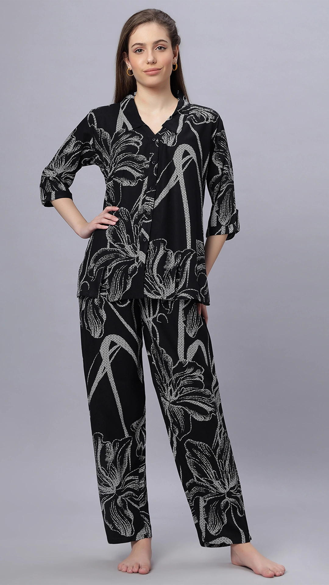 Sukanya Comfortable Women's Cotton Blend Half Sleeves Night Suit, Black, Soft and Elegant Print Sleepwear