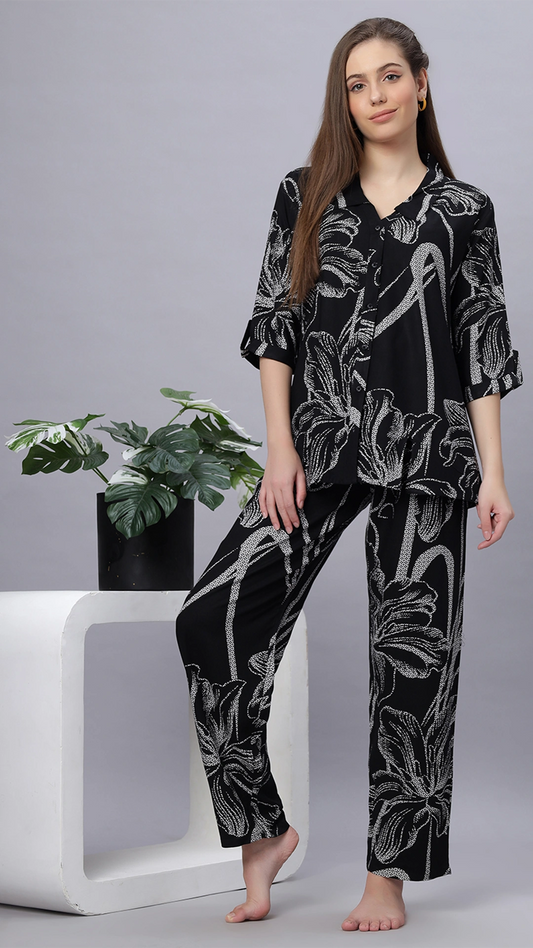 Sukanya Comfortable Women's Cotton Blend Half Sleeves Night Suit, Black, Soft and Elegant Print Sleepwear