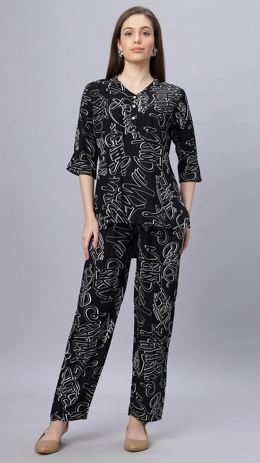 Sukanya Comfortable Women's Cotton Blend Half Sleeves Night Suit -  Black, Soft and Elegant Print Sleepwear