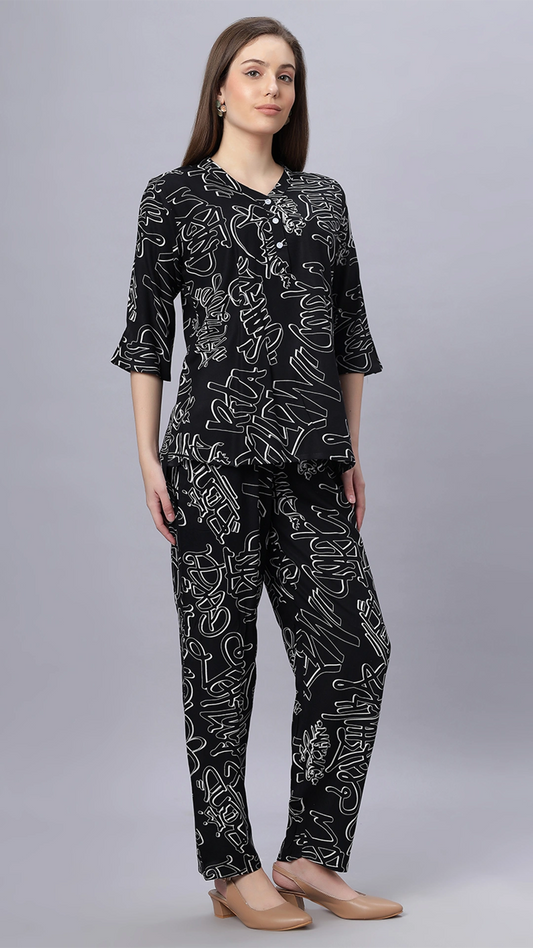 Sukanya Comfortable Women's Cotton Blend Half Sleeves Night Suit -  Black, Soft and Elegant Print Sleepwear