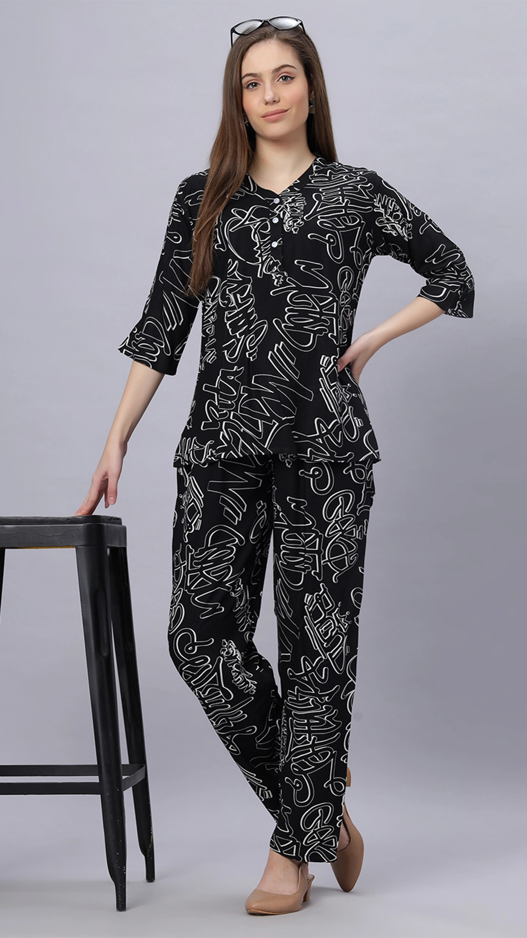 Sukanya Comfortable Women's Cotton Blend Half Sleeves Night Suit -  Black, Soft and Elegant Print Sleepwear